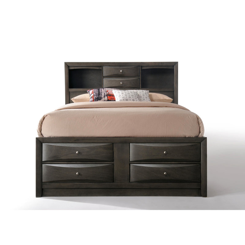 Grand lit en chêne gris avec rangement - 8 tiroirs, tiroirs à cadre en placage de bois sans sommier, carton gris, tête de lit à profil bas