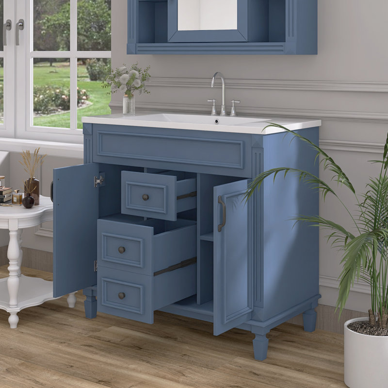 Meuble-lavabo simple avec plateau en céramique Shaianna, Bleu