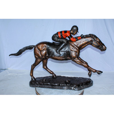 Bronze Horse Racing Statue with Jockey in Striped Uniform 50" x 14" x 29"H