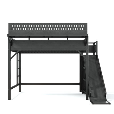 Grand lit mezzanine avec glissoire, tablettes de rangement et garde-robe intégrée, cadre de lit mezzanine en métal avec ports USB et lumières DEL, solide et sécuritaire pour les enfants adolescents, noir.