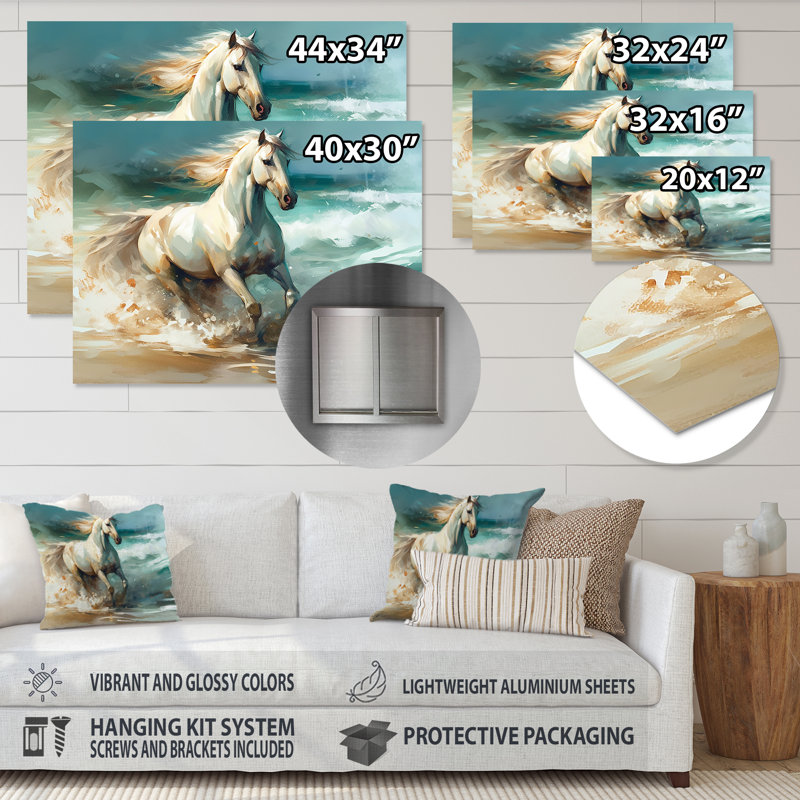 Cheval sur la plage II - animaux, art mural en métal, salon, H 34 po x l 44 po