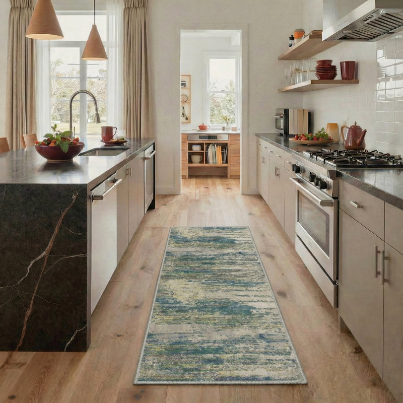 Arcadia Abstract Landscape Machine Washable Sage Indoor Area Rug With Non-Slip Backing, Runner 2'6" x 8'