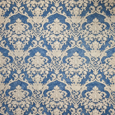 Papier peint damassé baroque bleu marine beige