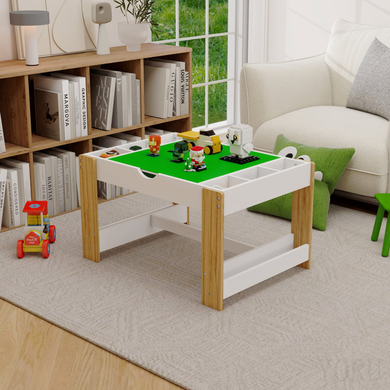 Table de jeu pour enfants 2 en 1 avec 7 compartiments de rangement, compatible avec le bloc de construction Lego, mobilier de jeu d'apprentissage moderne pour activités - blanc