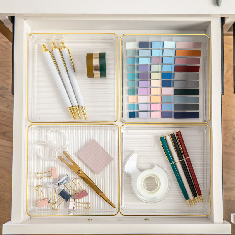 Martha Stewart Kerry Plastic Stackable Office Desk Drawer Organizers with Metallic Trim, 6" x 6"