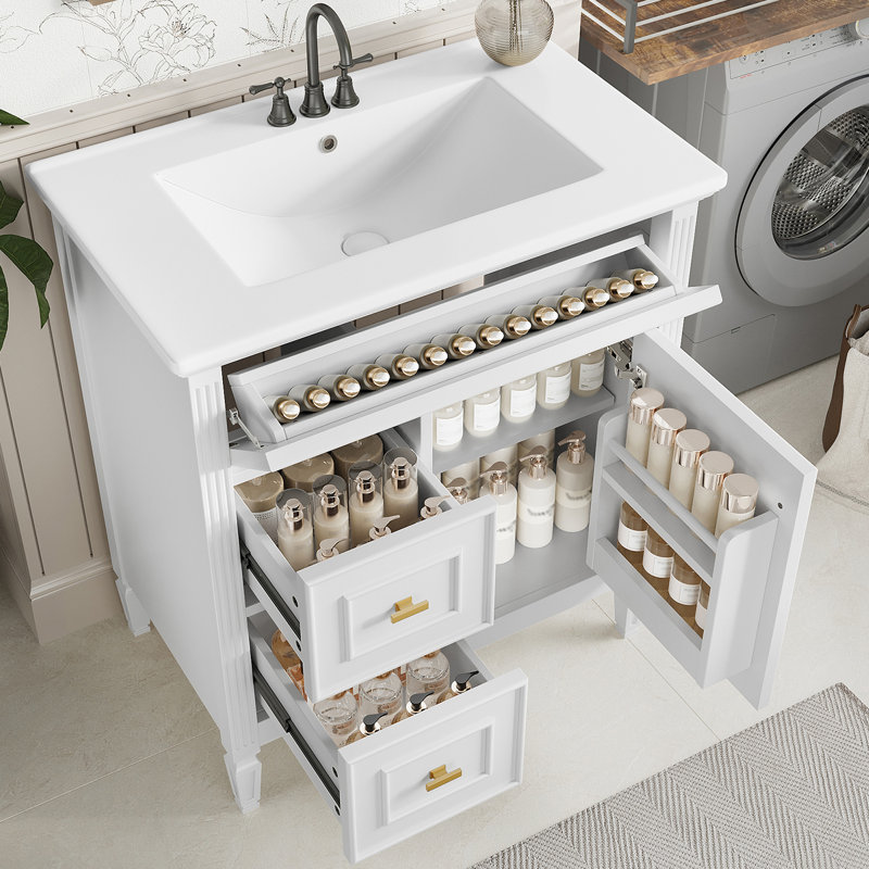 Meuble-lavabo 30 po avec lavabo en céramique, tiroir rabattable, Blanc