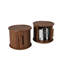 Ensemble de tables basses rondes 2 pièces, tables d'appoint gigognes modernes avec rangement à porte coulissante, table de bout et table de chevet pour canapé au fini noyer, avec tabouret décoratif à colonne romaine cannelée