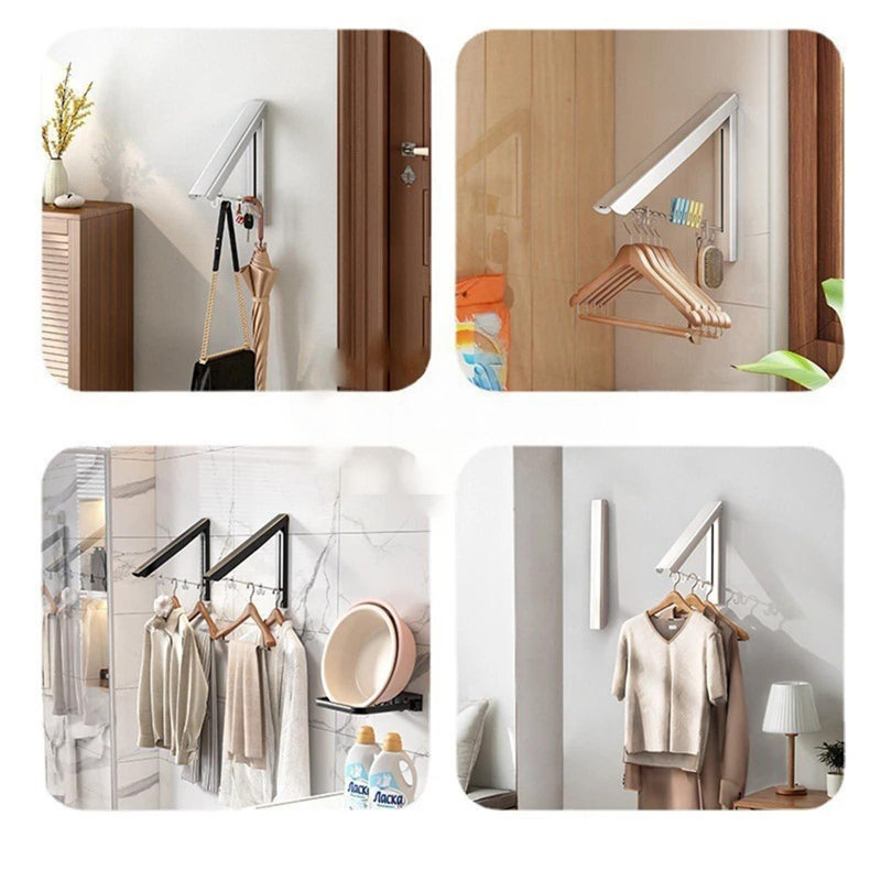 Supports à linge pour le séchage des vêtements, cintre rétractable mural pour la salle de lavage, garage, intérieur et extérieur, aluminium (1 support, noir)