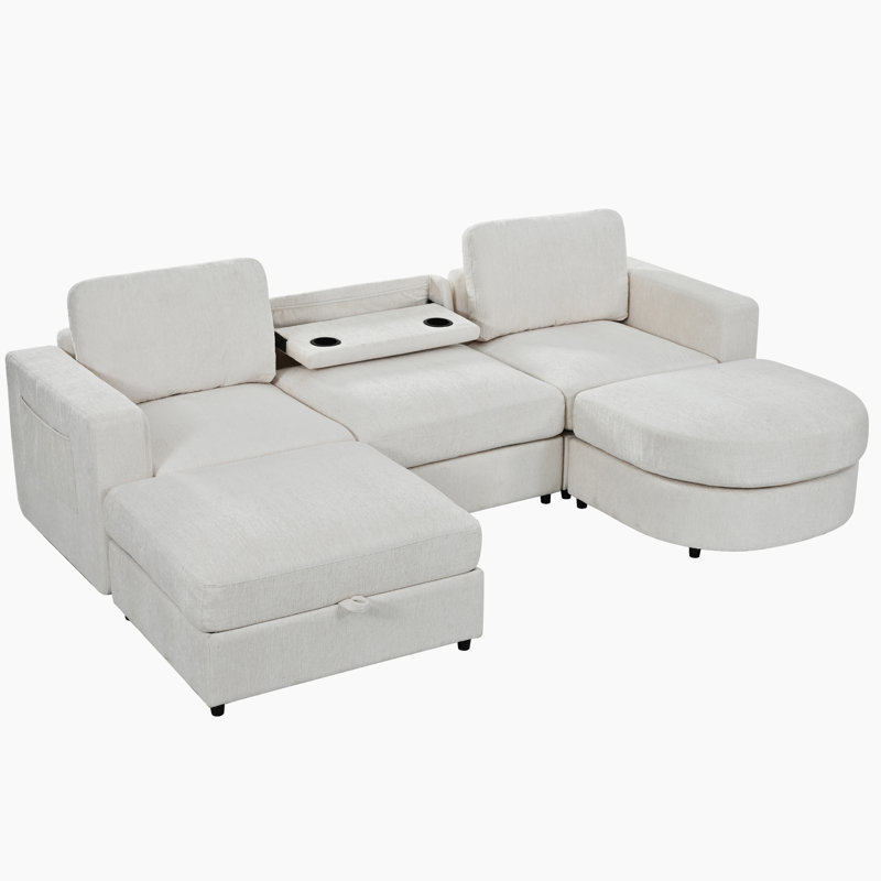 Canapé modulaire en U avec rangement, bois de pin chenille, Modern Family Living, Chenille beige