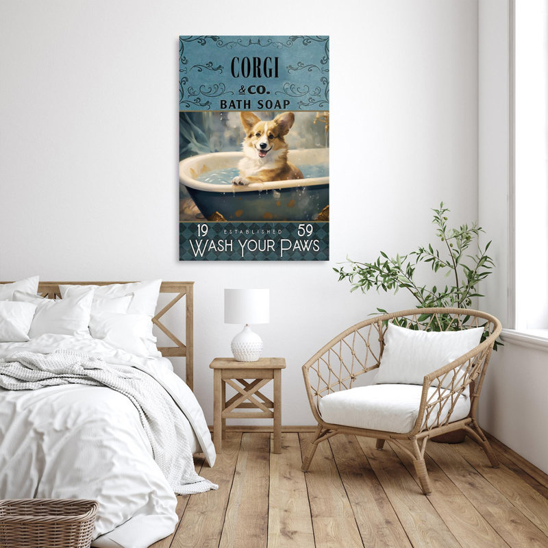 Adamarie " Corgi Bath Soap - 1 Piece Rectangle Graphic Art Print On Wrapped Canvas ", 14" H x 11" W x 1.25" D