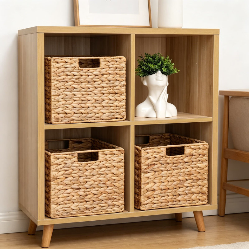Set Of 3 Water Hyacinth Storage Baskets Large, 12X12x10 Inch Folding Woven Wicker Cube Baskets For Shelves, Kitchen Pantry Organization And Storage, Natural Rattan Bins