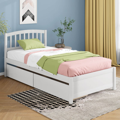 Twin Size Solid Wood Platform Bed With Two Drawers, Wooden Bed Frame With Headboard, No Spring Box Needed