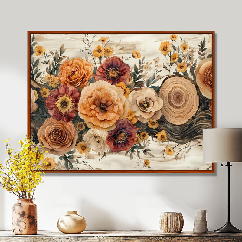 Bouquet d'automne assorti de fleurs sur une glissoire en bois, 24" H x 32" W, Floater Framed, Brown