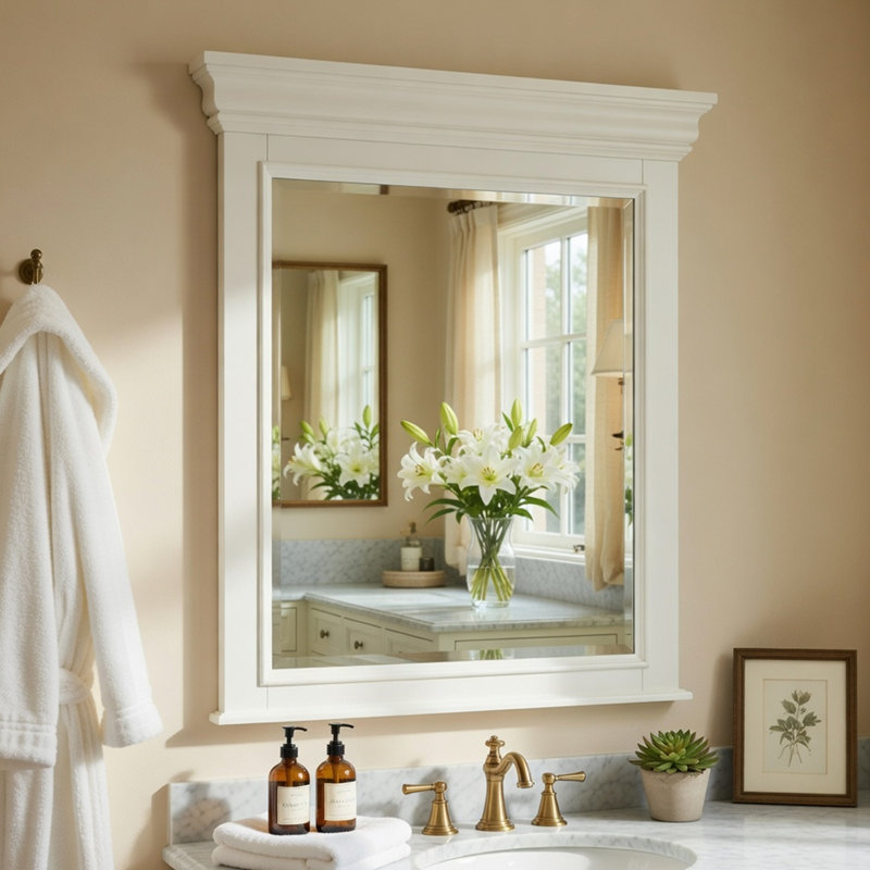 Miroir de commode Jena, cadre moulé couronne, bois blanc, 36 x 38