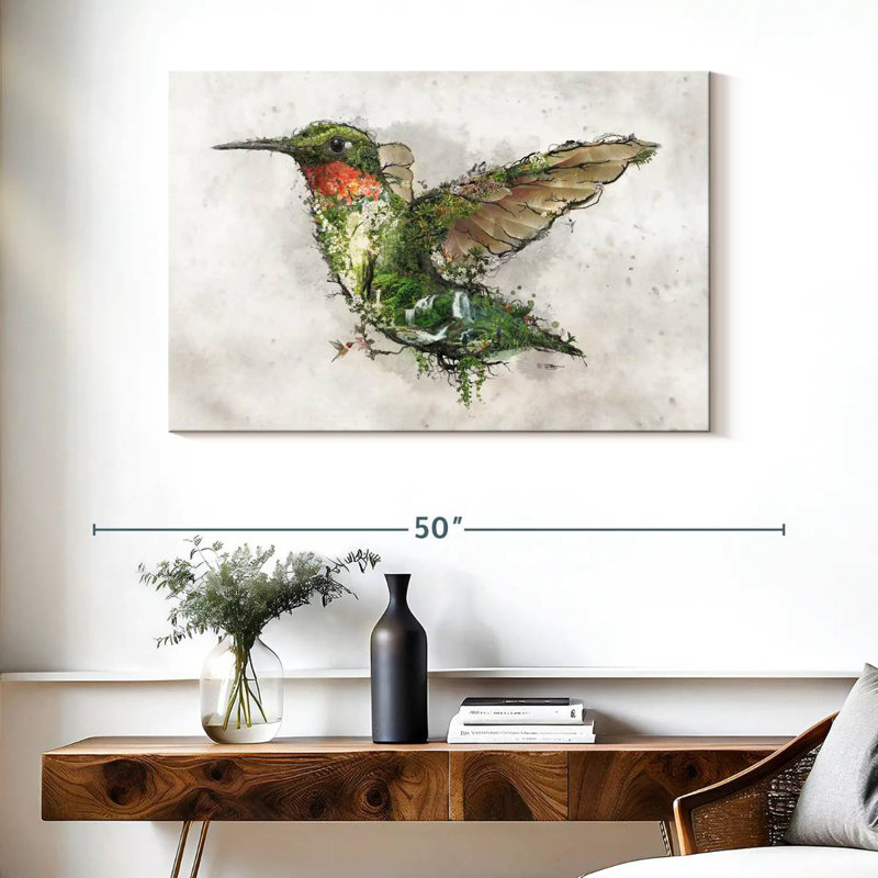 Surreal Ruby Throated Hummingbird, 26" H x 39" W