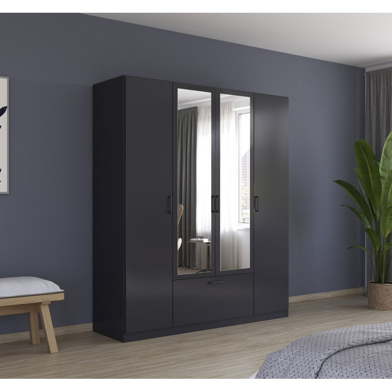 Bari hinged door wardrobe with practical drawers in the middle and handles, Metallic Grey, 210cm H x 181cm W x 54cm D