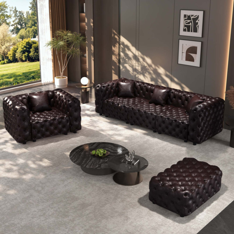 Ensemble de canapé moderne, canapé modulaire rembourré en similicuir 4 places avec conception touffetée à la main pure, 1 repose-pieds et 4 coussins, combinaison multiple pour le salon