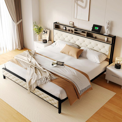 Bed Frame, Platform Bed Frame With Charging Station, Upholstered Storage Headboard