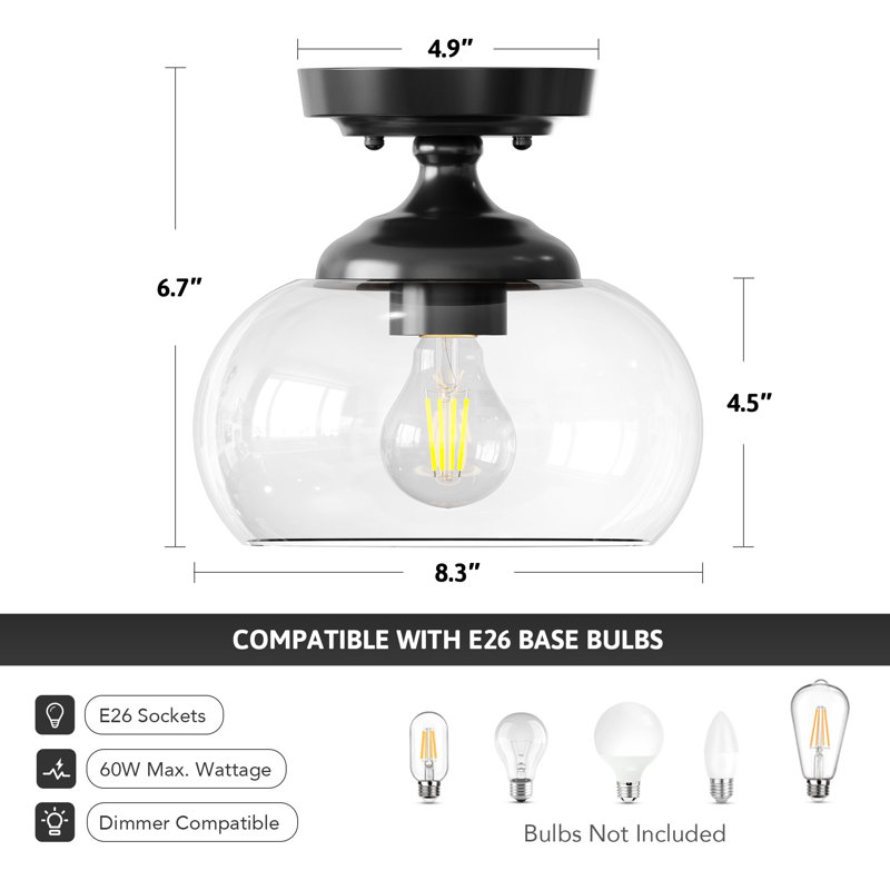 Semi Flush Mount Ceiling Light with Glass Shade, Matte Black