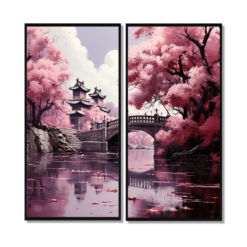 Art japonais, fleur de cerisier rose, grand art mural, 40" H x 40" W, Impression encadrée flottante, Black