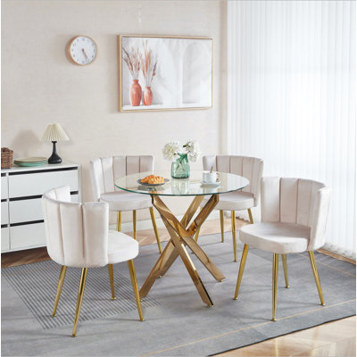 Ensemble de salle à manger 1 + 4,5 pièces, table de salle à manger avec pieds en métal Mid-Century pour 4-6 personnes avec plateau en verre, table de salle à manger à piédestal, table basse de loisirs