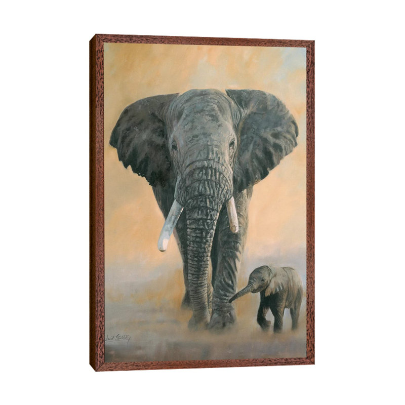 Elephant And Baby by David Stribbling - Painting on Canvas, Classic Brown Wood Framed, 101.6 cm H x 66.04 cm W