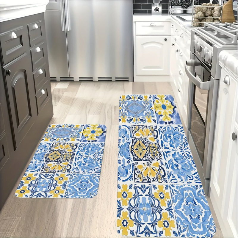 Tapis de cuisine bleu et jaune à motif floral et carreaux décoratifs boho, ensemble de 2