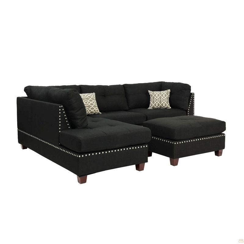 Reversible Polyfiber Sectional Sofa With Ottoman, Black