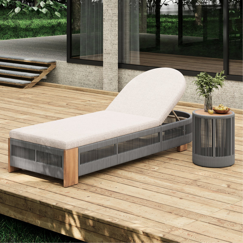 Outdoor Poolside Rope Chaise With Beige Cushions, Low - Maintenance Features, And Stable Surface Lounge Look Wood, Compact Side Table