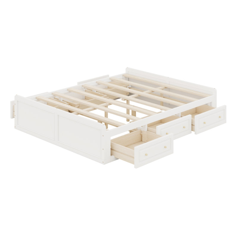 Base de lit plateforme en bois avec support en lattes de bois et 6 tiroirs, Blanc
