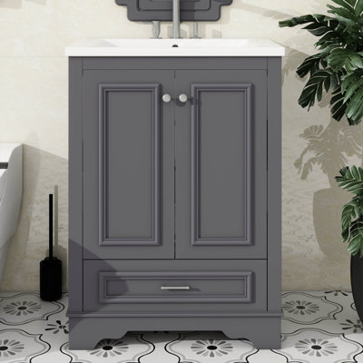 Meuble-lavabo 24 po avec lavabo en céramique, armoire de rangement autoportante moderne avec poignées et portes à fermeture silencieuse