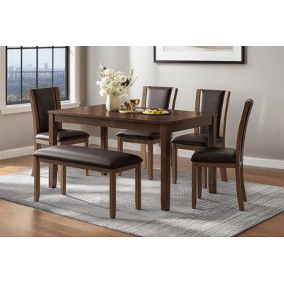 Modern 6-Person Dining Set With Table, 4 Chairs & Bench For Kitchen And Dining Room, Walnut