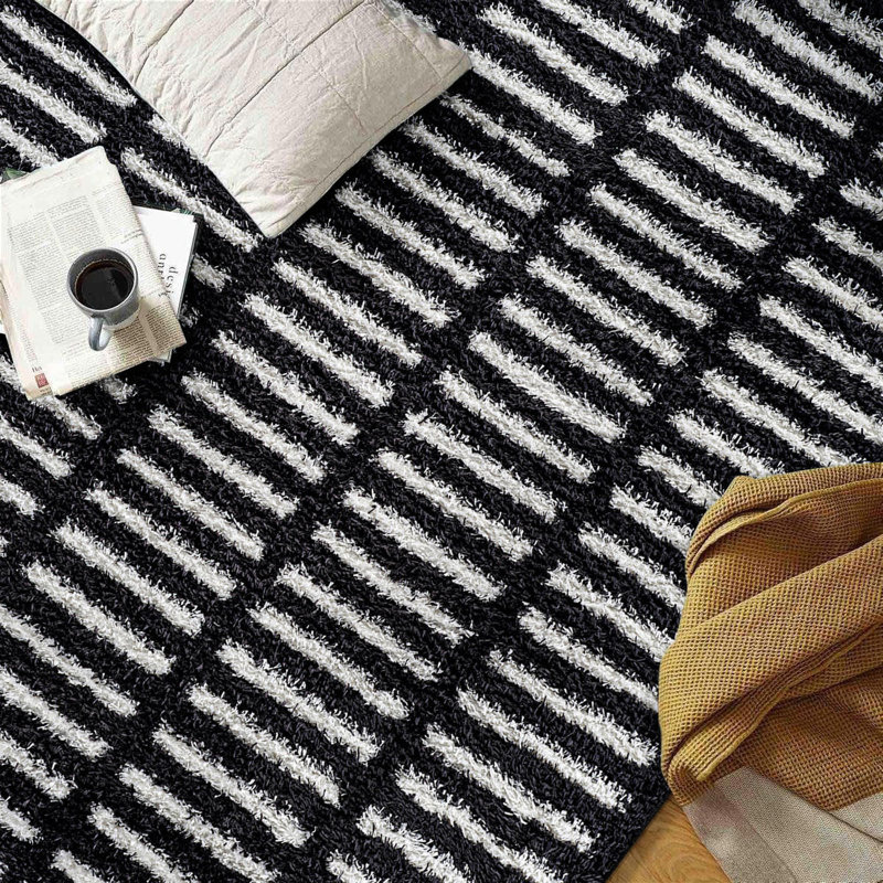 Tapis à poils longs bohémien à rayures - gris anthracite foncé - velours moyen, texturé, facile à nettoyer