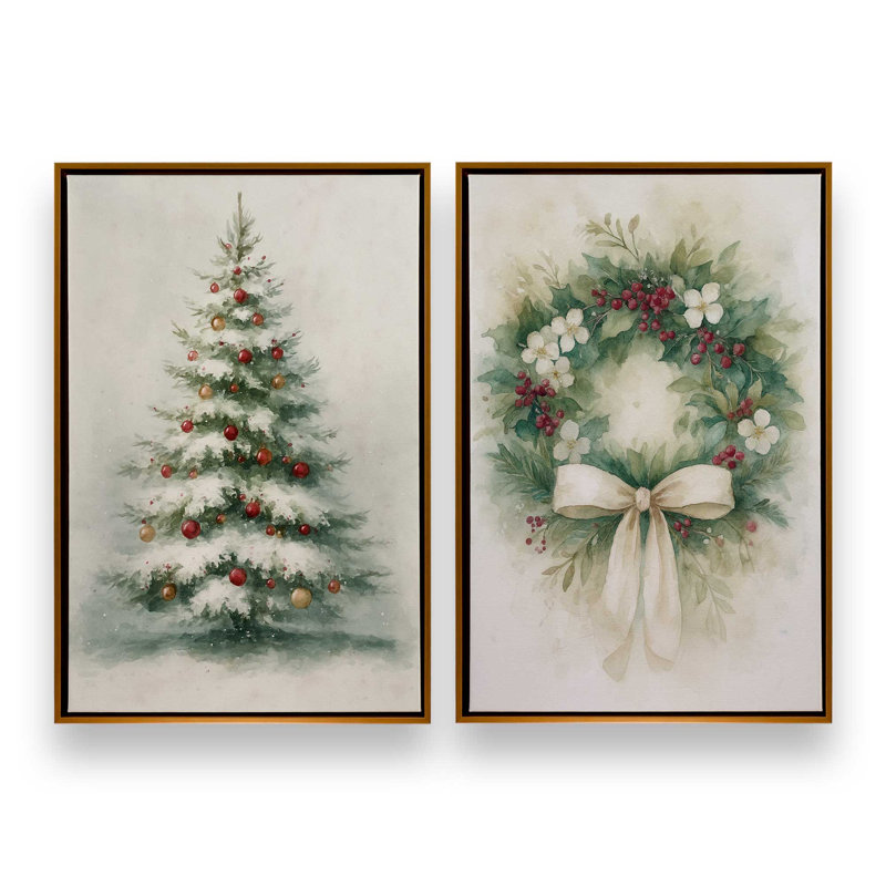 Ensemble de 2 impressions sur toile Evergreen Elegance, H 19 po x l 26 po, Impression encadrée sans passe-partout, Or poli