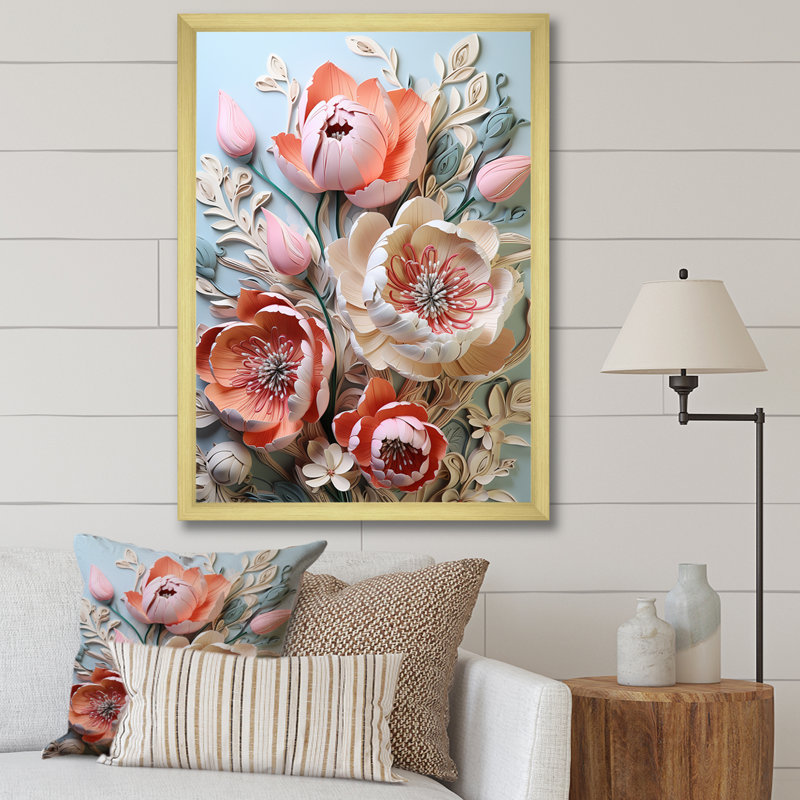 Tulipes Neon Bloom Collage II, reproduction d'art sur toile, Cadre doré simple, H 44 po x l 34 po x P 1,5 po