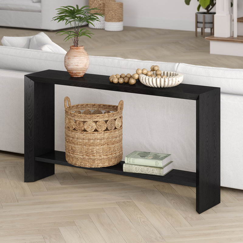Osman Rectangular Console Table in Antiqued Grey Oak, 30" H x 55" W x 11.63" D, Black