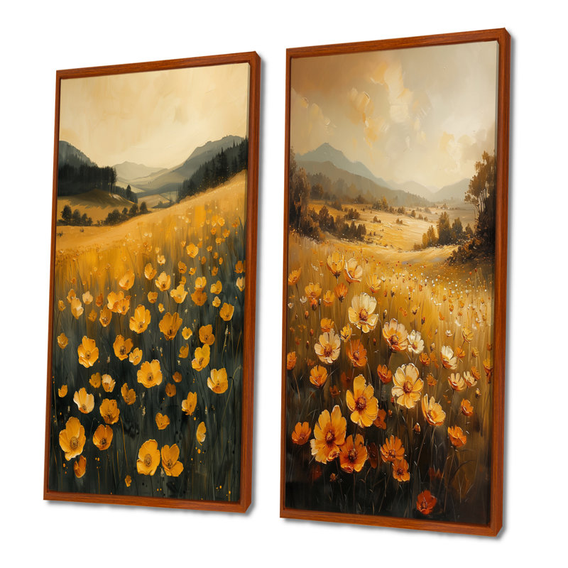 Ensemble de 2 pièces d'art jaune jaune et vert Sunlit Meadow I - Buttercups, H 28 po x l 24 po, Impression encadrée, Brun