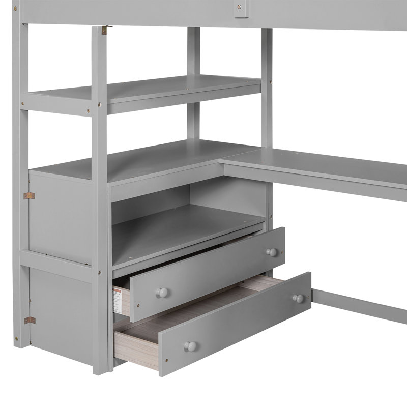 Lit mezzanine avec bureau et tablettes, deux tiroirs intégrés, escalier de rangement, Lit simple, Gris