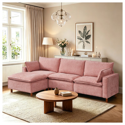 Canapé d'angle modulaire en forme de L de 276 cm avec pouf amovible, revêtement en chenille rose pour salon et appartement