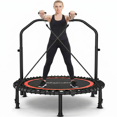 48" Foldable Mini Trampoline,Max Load 550Lbs Indoor Trampoline,With 4 Level Adjustable Foam Handle And Resistance Bands,Adult Exercise Trampoline For Home, Garden, And Gym