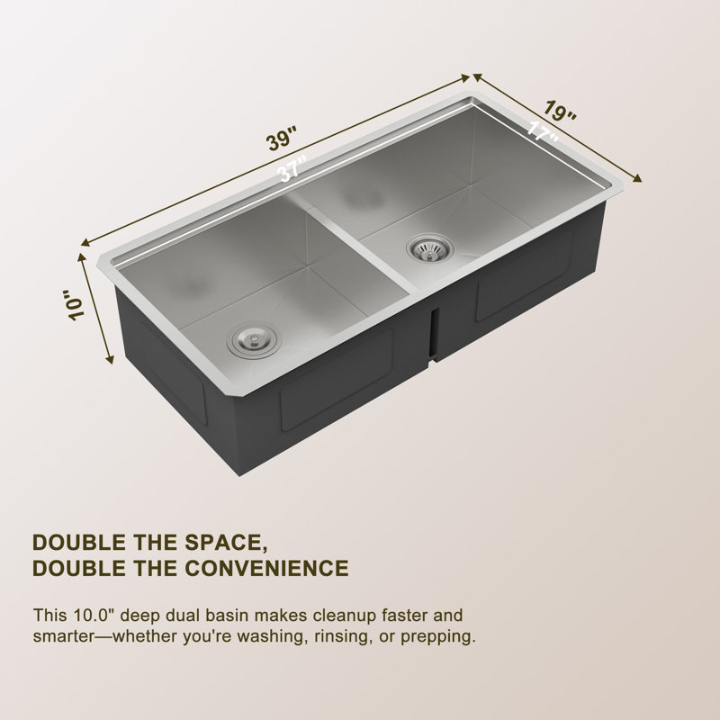 Évier de cuisine encastrable en acier inoxydable avec cuve à mélanger et planche à découper L 39 po x l 19 po, évier de cuisine à double cuve 50/50 avec accessoires