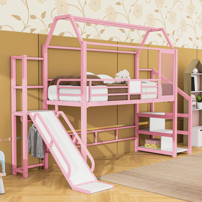 Metal House-Shaped Loft Bed With Stairs And Slide, Twin, Pink