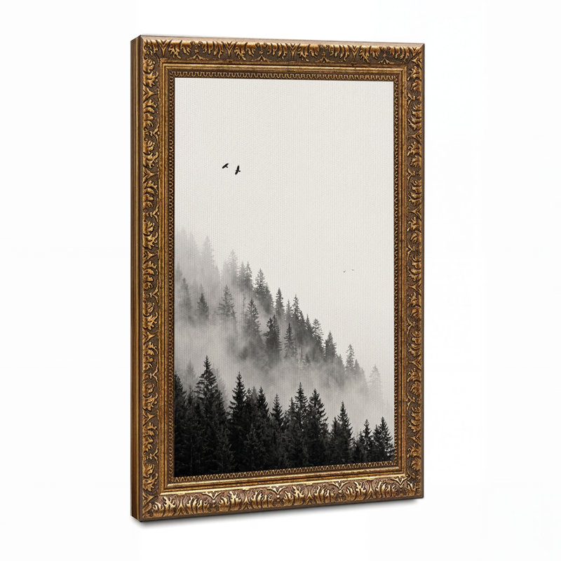 Art mural noir et blanc forêt brumeuse avec oiseaux, H 24 po x l 16 po