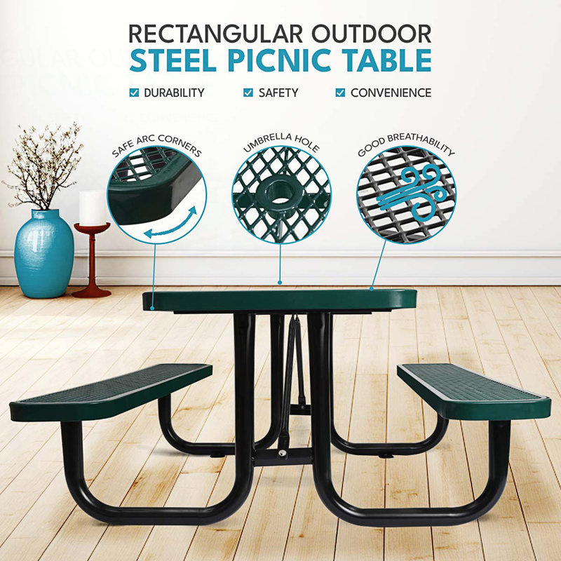 Table de pique-nique rectangulaire en acier 6 pi avec parasol, Vert