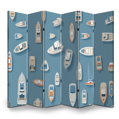 6 Panels Folding Screen Room Divider Royal Colorful Boats Yachts Blue Water Nautical Marine Canvas Screen Room Separator Freestanding Protective Wall Divider Privacy Partition