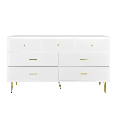 Grande armoire à tiroirs sept tiroirs avec poignée dorée et pieds dorés de couleur blanche