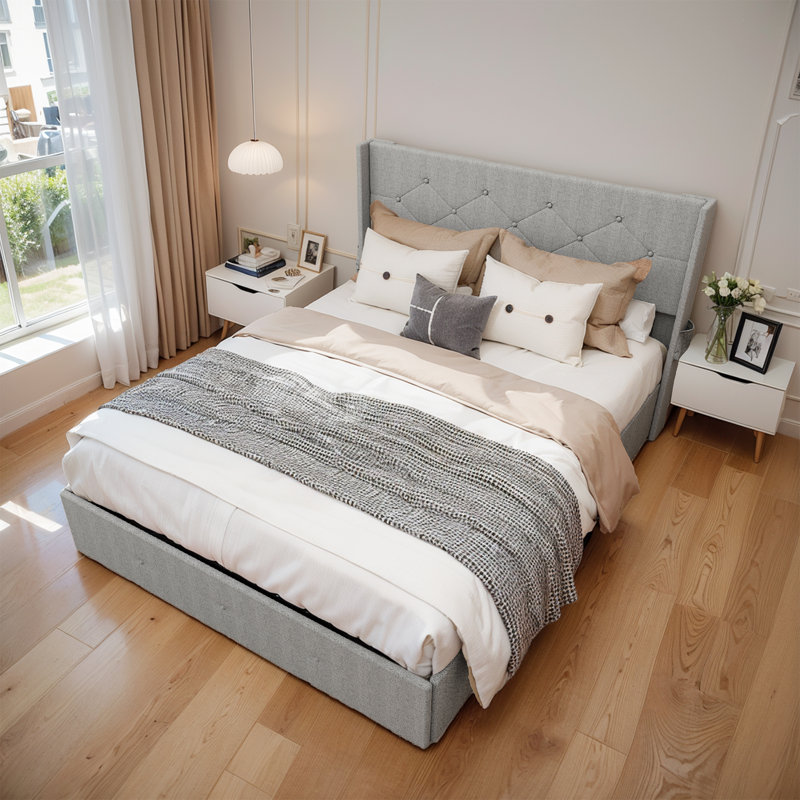 Lit plateforme avec rangement relevable avec tête de lit Winback et station de charge, Gris clair, Queen