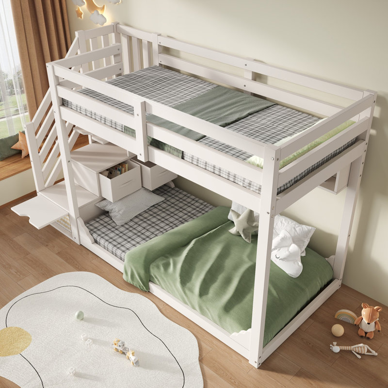 Solid Wood Bunk Bed Frame (90+90)x190 cm, Staircase Storage & 3 Open Shelves, Wraparound Safety Rail, EN 747-1: 2024 Tested, White (No Mattress)
