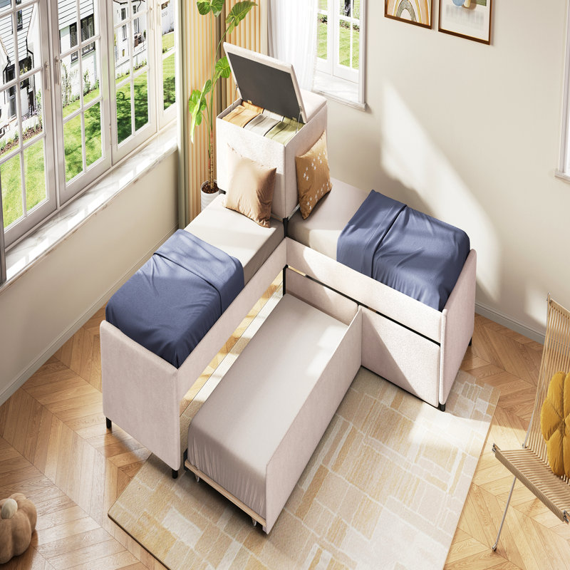 Lit plateforme tapissier en L avec lit gigogne et deux tiroirs reliés par un bureau intégré, simple, beige, Beige