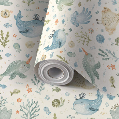 Peel and Stick Wallpaper Contact Paper Cute Ocean Animals Seamless Self Adhesive and Removable 17.7in x 118in(45x300cm)